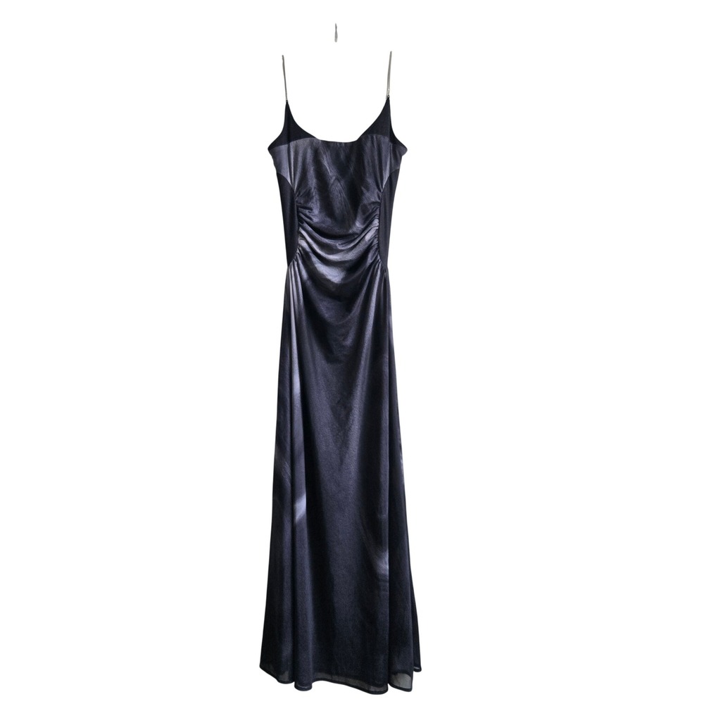OFAKIVA Large Maxi Dress Women Charcoal Grey Excellent Ruched Metal Chain Straps